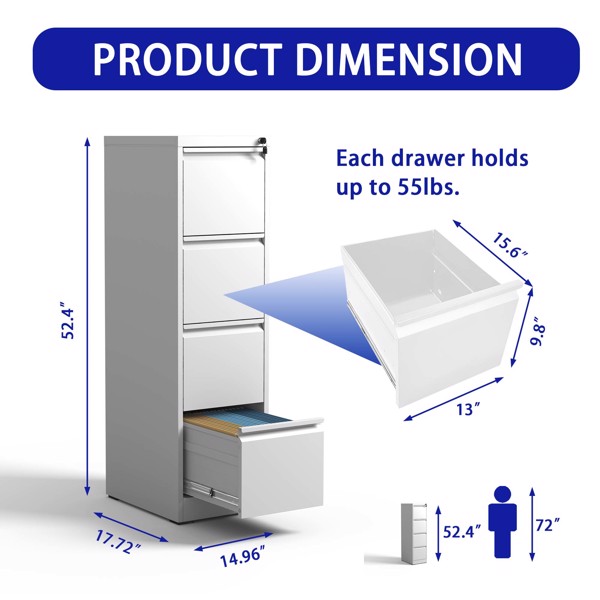 4 Drawer Metal Vertical File Cabinet with Lock Office Home Steel Vertical File Cabinet for A4 Legal/Letter Size 