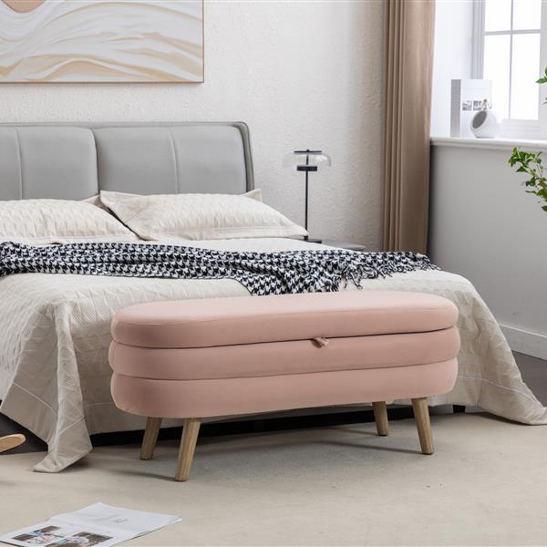 036-Velvet Fabric Storage Bench Bedroom Bench With Wood Legs For Living Room Bedroom Indoor,Light Pink