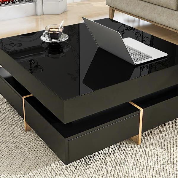 Modern High Gloss Coffee Table with 4 Drawers, Multi-Storage Square Cocktail Tea Table with Wood Grain Legs, Center Table for Living Room, 31.5''x31.5'', Black