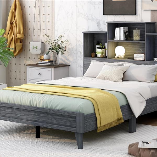 Full Size Storage Platform Bed Frame with 4 Open Storage Shelves and USB Charging Design,Gray