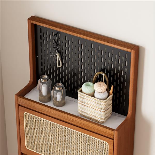 Rattan Shoe Cabinet for Entryway, Free Standing Shoe Rack with 3 Flip Drawers & Black Pegboard, Hidden Narrow Shoe Cabinet for Entrance Hallway, 24.88"W x 7.88" D x 65"H