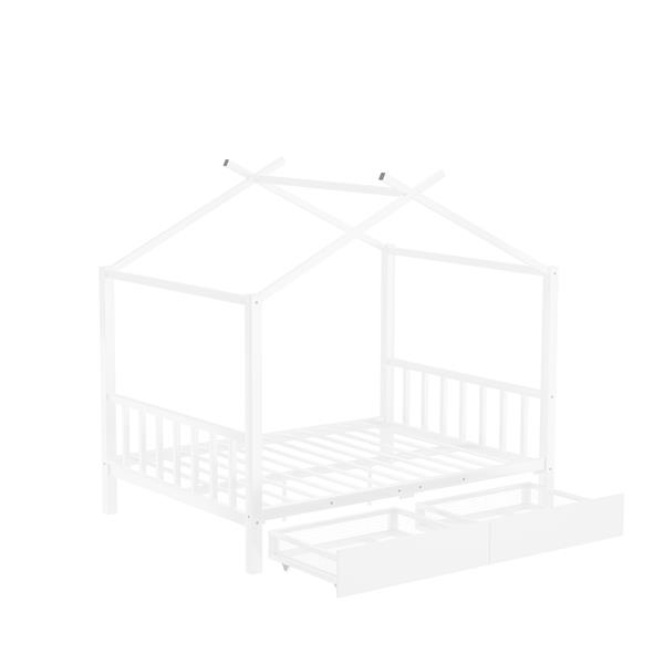 Full Size Metal House Platform Bed with Two Drawers,Headboard and Footboard,Roof Design,White