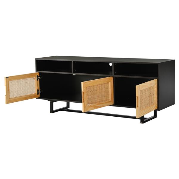 Retro Rattan Console Table 3-door TV Stand Media Console with Open Shelves for TV Stand under 75''(Espresso)