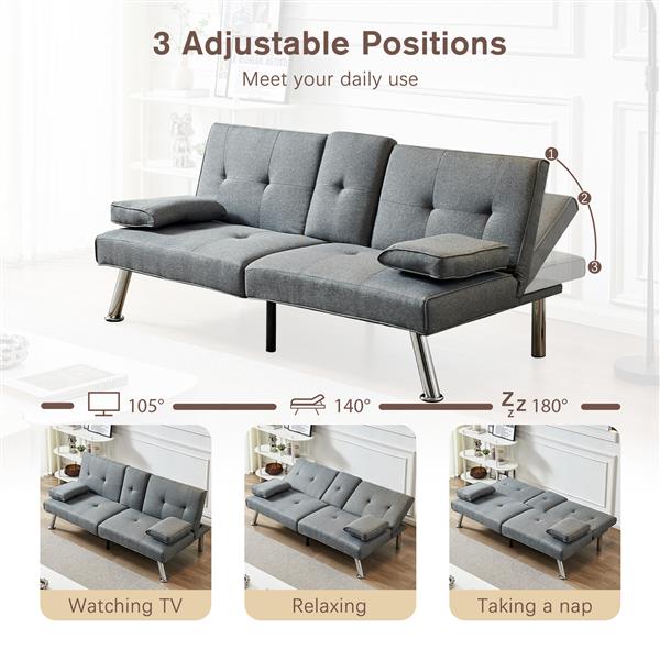 Linen Fabric Modern Sofa Bed Futon Couch Bed Folding Recliner Sleeper Reversible Loveseat Convertible Daybed, 2 Cup Holders, 3 Angles, Removable Armrests, Gray