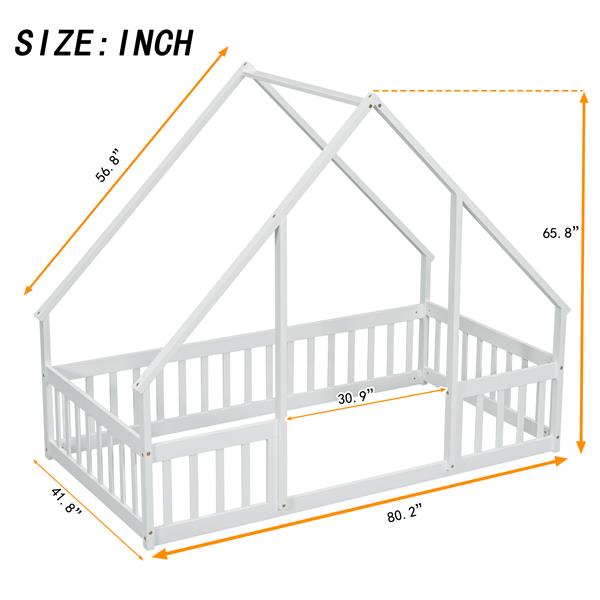 Twin Wood House-Shaped Floor Bed with Fence, Guardrails ,White