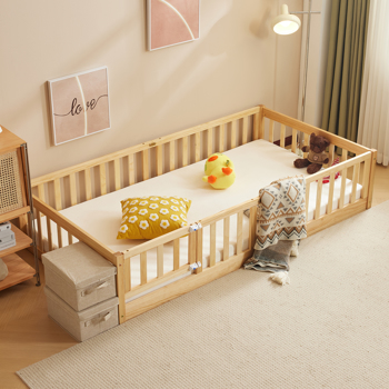 Fence bed with door and decking, natural wood color, painted surface, pine wood, twin children\\'s bed