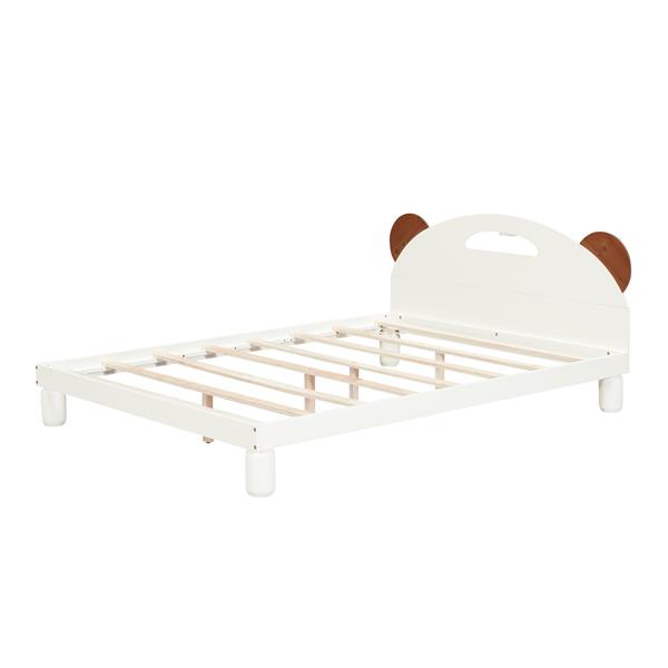 Full Size Platform Bed with Bear Ears Shaped Headboard and LED, Cream White