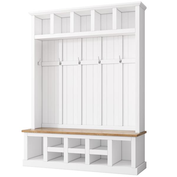 Farmhouse Wooden Style 78''H Modern Hall Tree with Wide Storage Seating Bench, Entryway Shoe Cabinet with 13 Compartments, Elegant Coat Rack with 6 Hooks for Mudroom, Living room, White