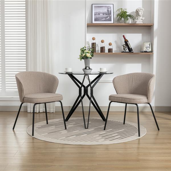 042-Set of 2 Boucle Fabric Dining Chairs With Black Metal Legs,Light Coffee