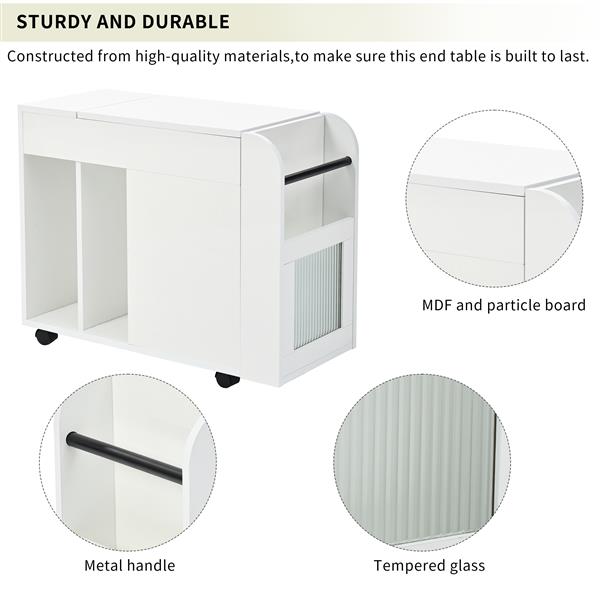 Multifunctional End Table with Wheels, Side Table with Tempered glass door, 2 Storage Shelves, 2 Drawers for Living Room, White