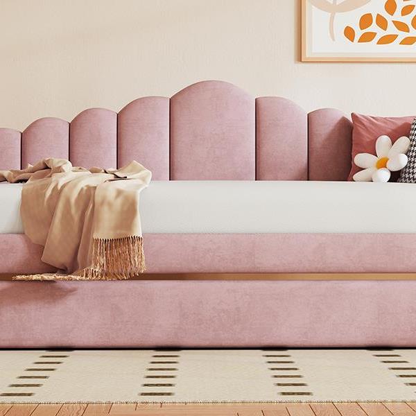 Twin size Upholstered Daybed with Trundle ,Velvet Sofabed with USB Charging Ports,No Box-spring Needed,Pink