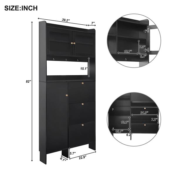 [VIDEO provided] Shoe Cabinet with Open Storage Space, Practical Hall Tree with 3 Flip Drawers, Multi-functional & Integrated Foyer Cabinet with Tempered Glass Doors for Hallway, Black