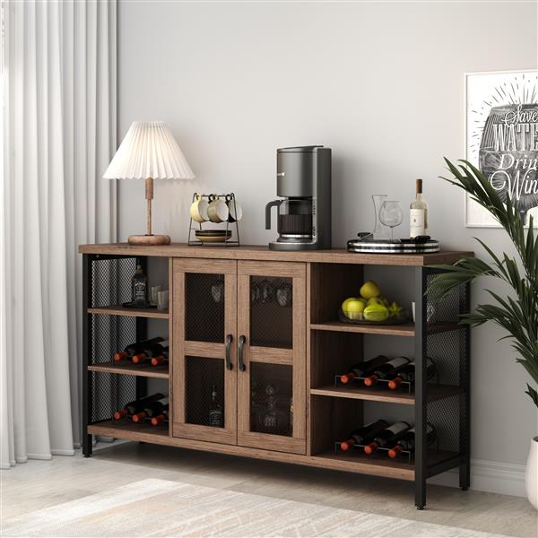 Industrial Wine Bar Cabinet, Liquor Storage Credenza, Sideboard with Wine Racks & Stemware Holder (Hazelnut Brown, 55.12''w x 13.78''d x 30.31' ' h)