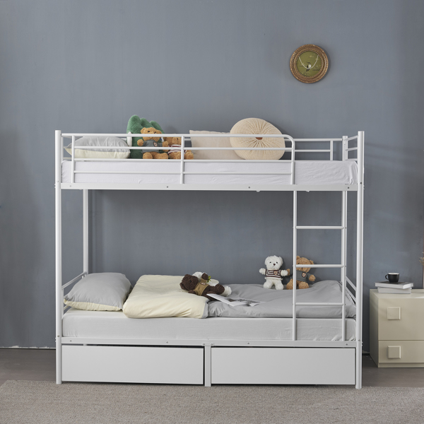 Twin Over Twin Bunk Bed with Two Storage Drawers & Full-Length Guard Rail, Heavy Duty Metal Bunk Bed for Kids Teens Adults, White