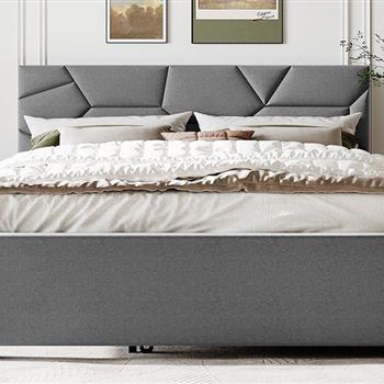 Queen Size Upholstered Platform Bed with Brick Pattern Headboard and Twin XL Size Trundle, Linen Fabric, Gray