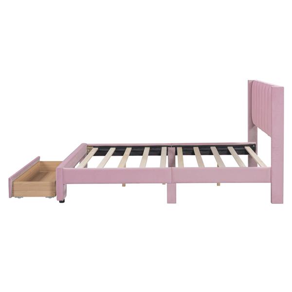 Full Size Storage Bed Velvet Upholstered Platform Bed with a Big Drawer - Pink