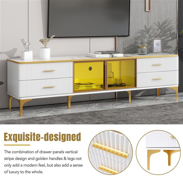 Stylish LED TV Stand with Marble-veined Table Top for TVs Up to 78'', Entertainment Center with Brown Glass Storage Cabinet, Golden Legs & Handles for Living Room, White