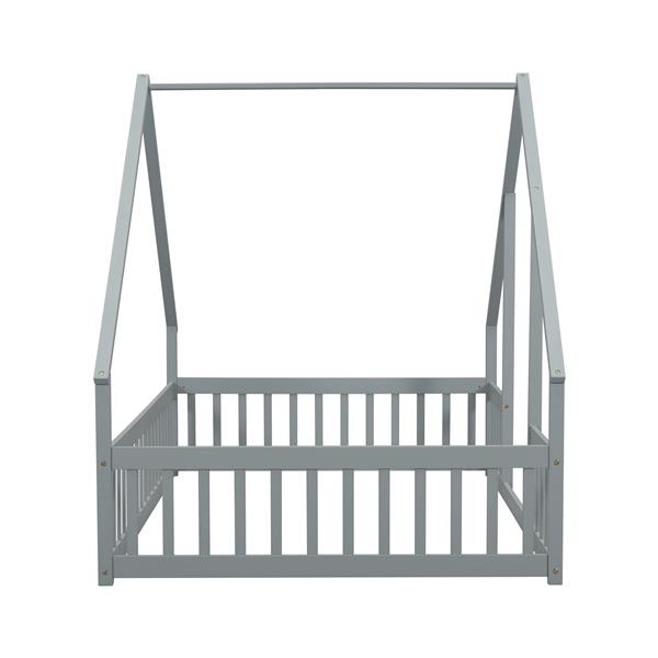 Full Wood House-Shaped Floor Bed with Fence, Guardrails,Grey