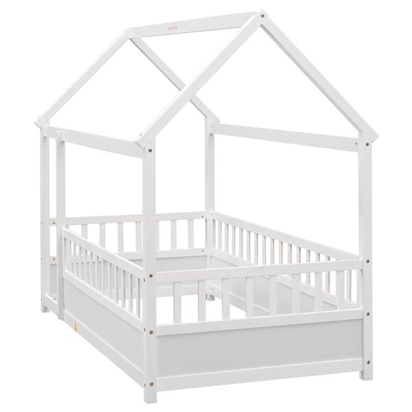 Twin Size Floor Wooden Bed with House Roof Frame, Fence Guardrails,White