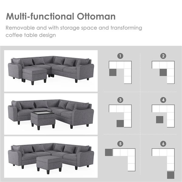 [New]87" Modern Sectional Sofa with coffee table,6-Seat Couch Set with Storage Ottoman,Various Combinations,L-Shape Indoor Furniture with Unique Armrests for Living Room,Apartment, 2 Colors(6 pillows)