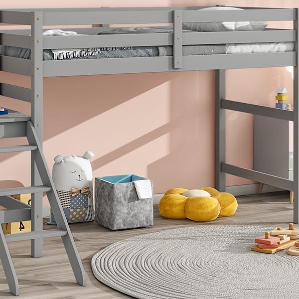 Twin Loft Bed with Platform,ladder,Grey