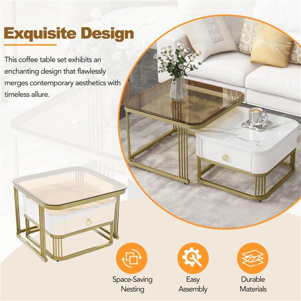 Nesting Coffee Table with Drawer, Set of 2, Exquisite Square Stacking Coffee Tables with Brown Tempered Glass, Side Table with High Gloss Marble Grain Tabletop for Living Room, White