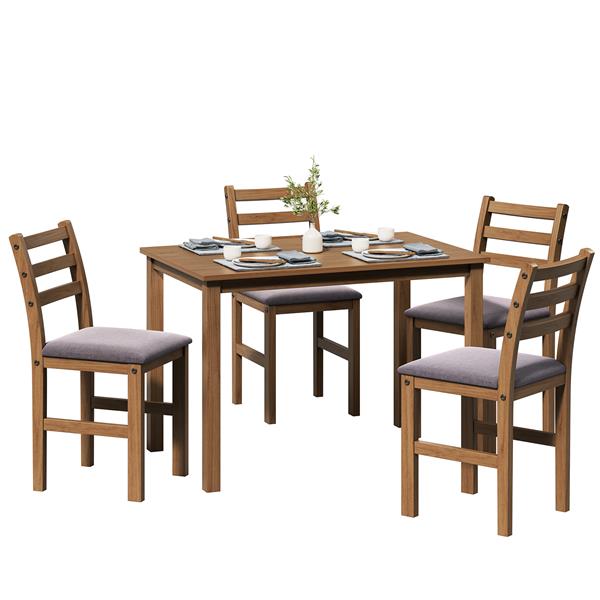 5PCS Stylish Dining Table Set 4 Upholstered Chairs with Ladder Back Design for Dining Room Kitchen Brown Cushion and Antique Oak