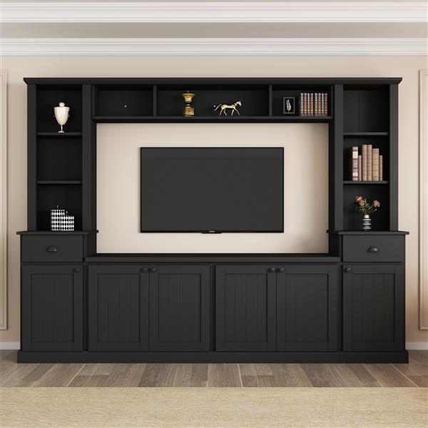 Minimalist Entertainment Wall Unit Set with Bridge for TVs Up to 75'', Ample Storage Space TV Stand with Adjustable Shelves, Modernist Large Media Console for Living Room, Black