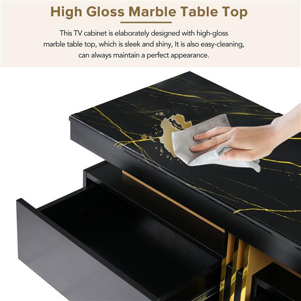 Luxury TV Stand with High Gloss Faux Marble Top for TVs Up to 78'', Rectangle Media Console with Golden Panel Design, Practical Entertainment Center with 3 Drawers for Living Room, Black