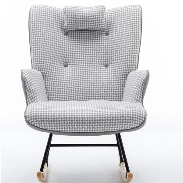 35.5 inch Rocking Chair, Soft Houndstooth Fabric Leather Fabric Rocking Chair for Nursery, Comfy Wingback Glider Rocker with Safe Solid Wood Base for Living Room Bedroom Balcony (light grey)