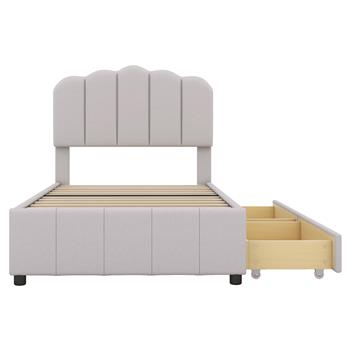 Twin Size Upholstered Bed with 2 Storage Drawers,Wood Slat Support, Beige