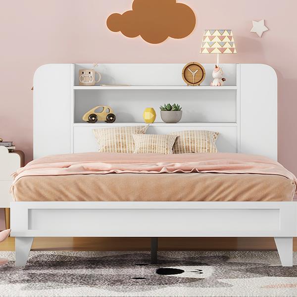 Full Size Platform Bed with Storage Headboard,Multiple Storage Shelves on Both Sides,White