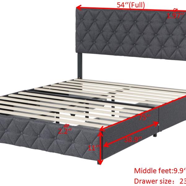 Full Size Upholstered Platform Bed Frame with 4 Storage Drawers, Adjustable Linen Headboard, Wooden Slats Support, No Box Spring Needed, Easy Assembly,Grey