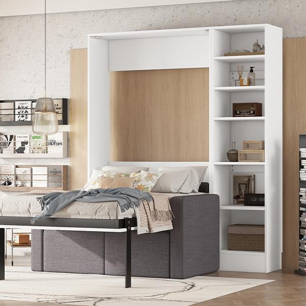 Twin Size Murphy Bed Wall Bed with Sofa,with Shelves,White