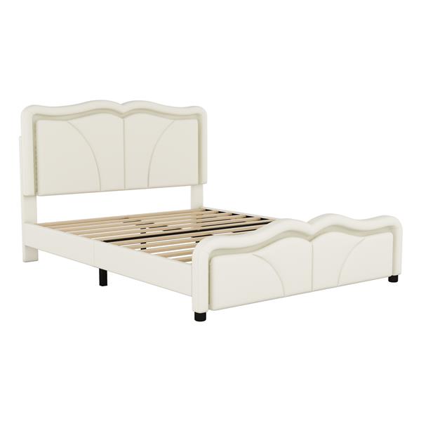 Full Size Upholstered Platform Bed with Curve Shaped and Height-adjustbale Headboard,LED Light Strips,White