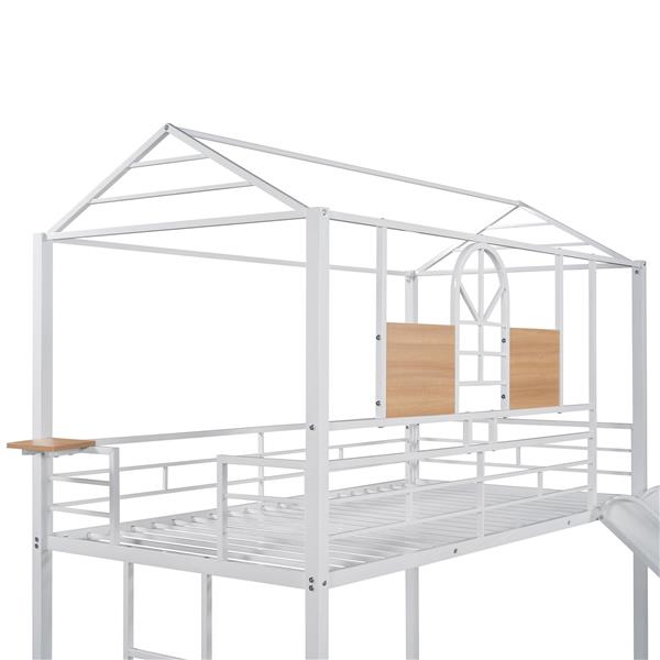 Twin Over Twin Metal Bunk Bed ,Metal Housebed With Slide,Three Colors Available.(White with White  Slide)