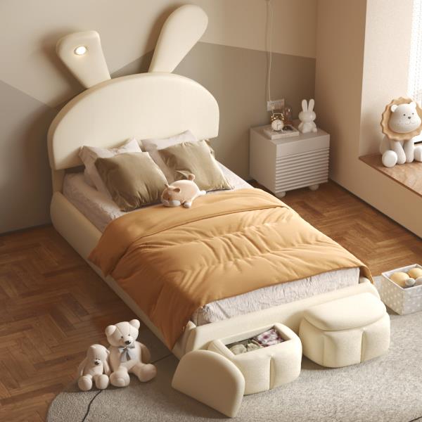 Twin Size Upholstered Platform Bed with Cartoon Ears Shaped Headboard and Light, Beige