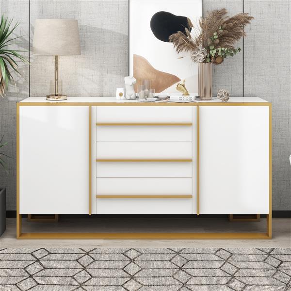 Modern Style 59"L Sideboard with Large Storage Space and Gold Metal Legs for Living Room and Entryway (White)