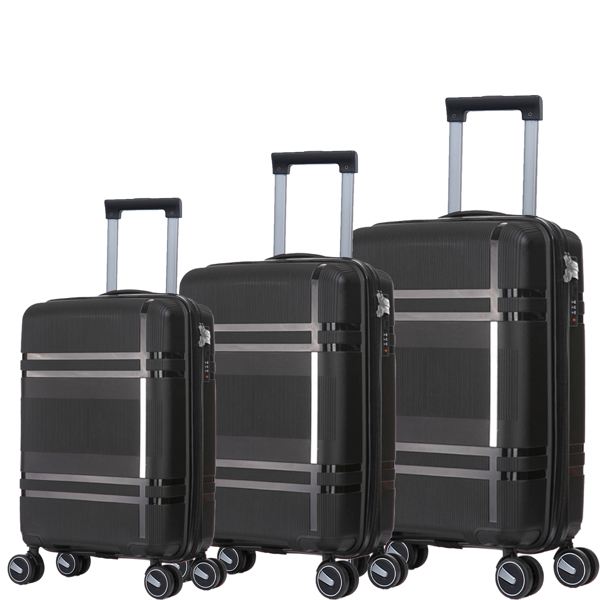 3 Piece Luggage Sets PP Lightweight Suitcase with Two Hooks, Spinner Wheels, (20/24/28) BLACK