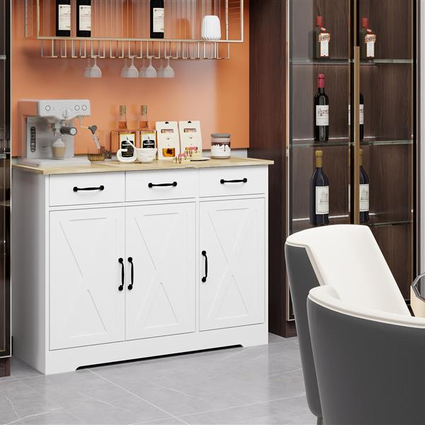 Farmhouse Buffet Cabinet Storage Sideboard with 3 Drawers and 3 Doors for Dining Living Room Kitchen Cupboard-White