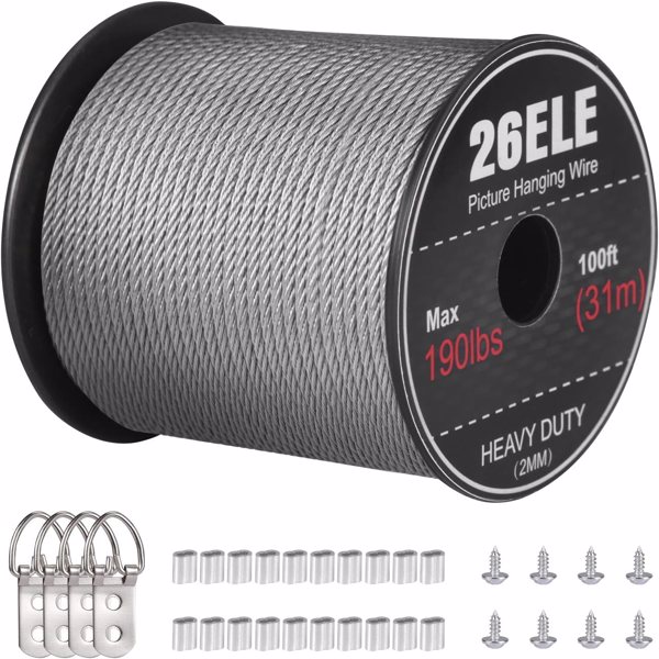 Picture Hanging Wire 190lbs, Heavy Duty Stainless Steel Wire Rope for Hanging Picture Frame Mirror and Wall Art, Strong Metal Wire 100Feet with 20PCS Crimping Sleeves, 4 D Rings and 8 Screws