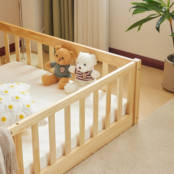 Fence bed with door and decking, natural wood color, painted surface, pine wood, full children's bed