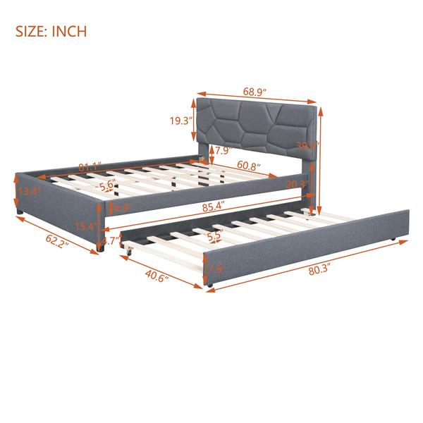 Queen Size Upholstered Platform Bed with Brick Pattern Headboard and Twin XL Size Trundle, Linen Fabric, Gray