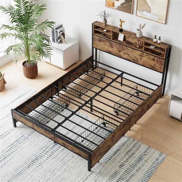 Queen Bed Frame with  Storage Headboard and 4 Drawers