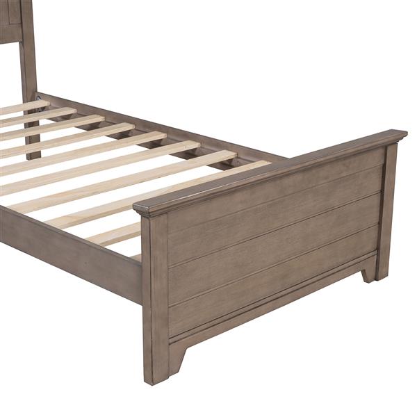 Farmhouse Wooden Platform Twin Size Bed with Panel Design Headboard and Footboard for Teenager, Ash Brown