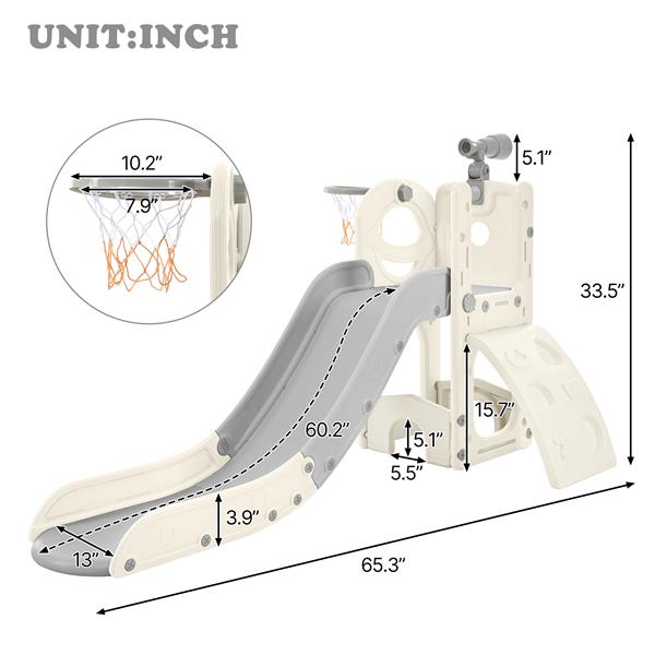 Kids Slide Playset Structure 5 in 1,   Spaceship Set with Slide, Telescope and Basketball Hoop, Golf Holes for Toddlers, Kids Climbers Playground