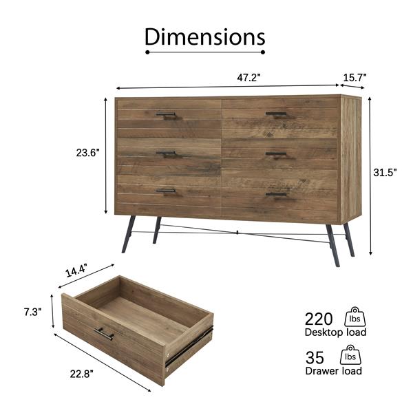 6-Drawer Chest, 6 Drawer Dresser TV Stand for TV, Dressers Bedroom Furniture Large Storage Tower Unit, Dresser for Bedroom, Closet, Hallway, 47.2"W x 15.7"D x 31.5"H, Rustic Walnut