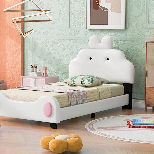 Twin Size Upholstered Platform Bed with Cartoon Headboard and Footboard, White+Pink