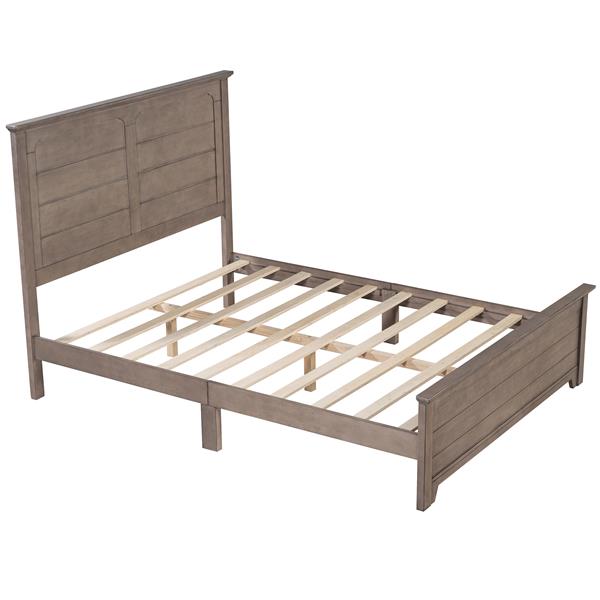 Farmhouse Wooden Platform Queen Size Bed with Panel Design Headboard and Footboard for Teenager, Ash Brown