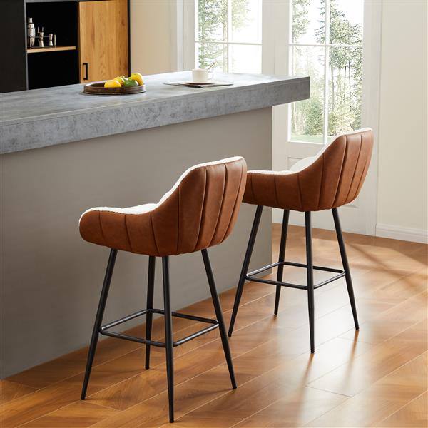 26" Modern Counter Height Bar Stools Set of 2, Mid Century Leather Upholstered Arm Bar Stools, Leisure Side Chair with Metal Legs for Kitchen&Dining Room